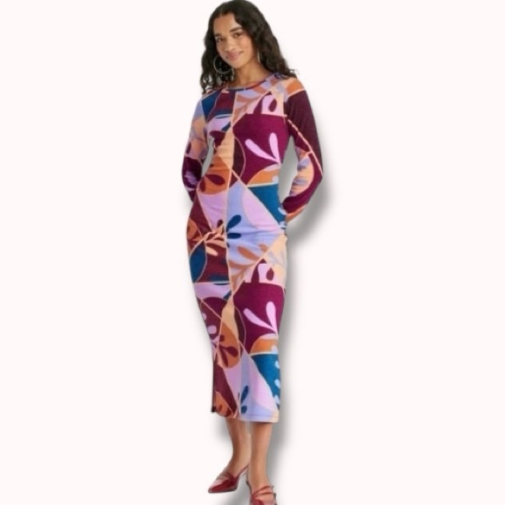 Latino Heritage Month NEW Bold Printed Long Sleeve Midi Sweater Dress- Small